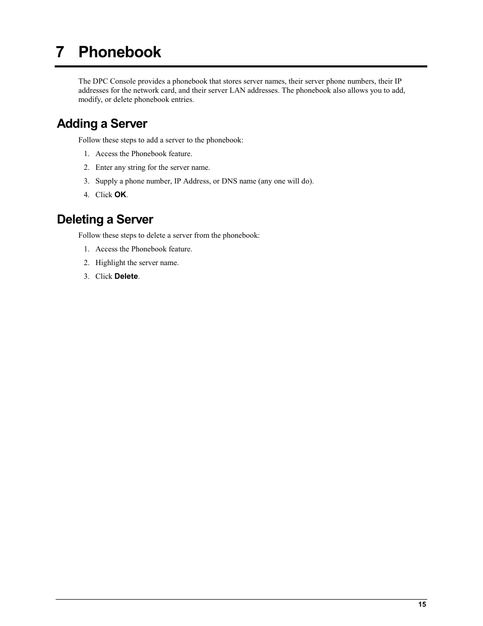7 phonebook, Adding a server, Deleting a server | Phonebook, Phonebook” on | HP Integrity rx4610 Server User Manual | Page 19 / 42