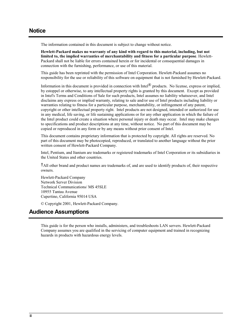 Notice, Audience assumptions | HP Integrity rx4610 Server User Manual | Page 2 / 42