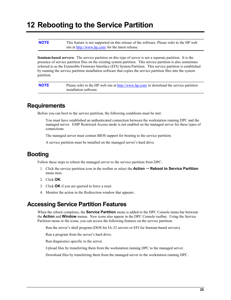 12 rebooting to the service partition, Requirements, Booting | Accessing service partition features, Rebooting to the service partition | HP Integrity rx4610 Server User Manual | Page 29 / 42