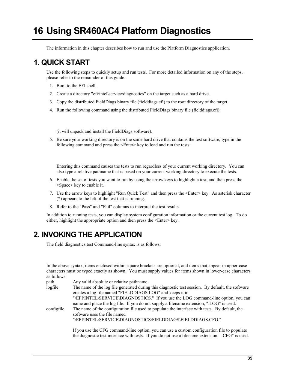 16 using sr460ac4 platform diagnostics, Quick start, Invoking the application | Using sr460ac4 platform diagnostics | HP Integrity rx4610 Server User Manual | Page 39 / 42