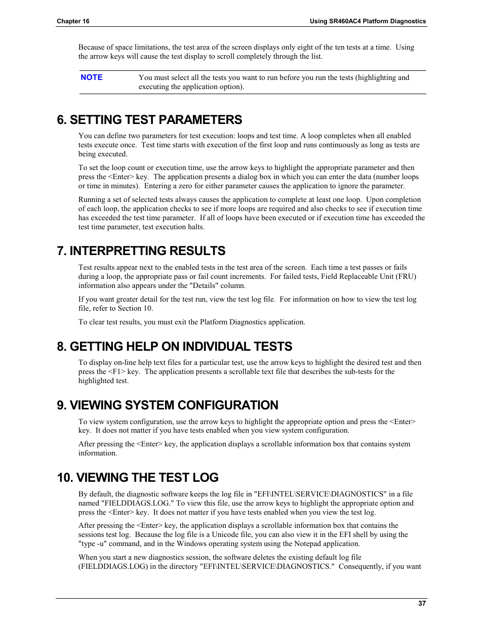 Setting test parameters, Interpretting results, Getting help on individual tests | Viewing system configuration, Viewing the test log | HP Integrity rx4610 Server User Manual | Page 41 / 42
