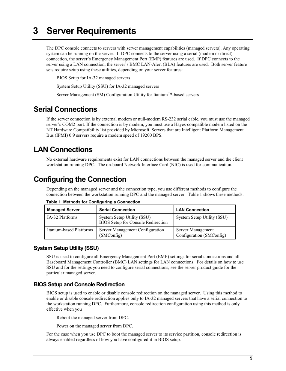3 server requirements, Serial connections, Lan connections | Configuring the connection, System setup utility (ssu), Bios setup and console redirection, Server requirements | HP Integrity rx4610 Server User Manual | Page 9 / 42