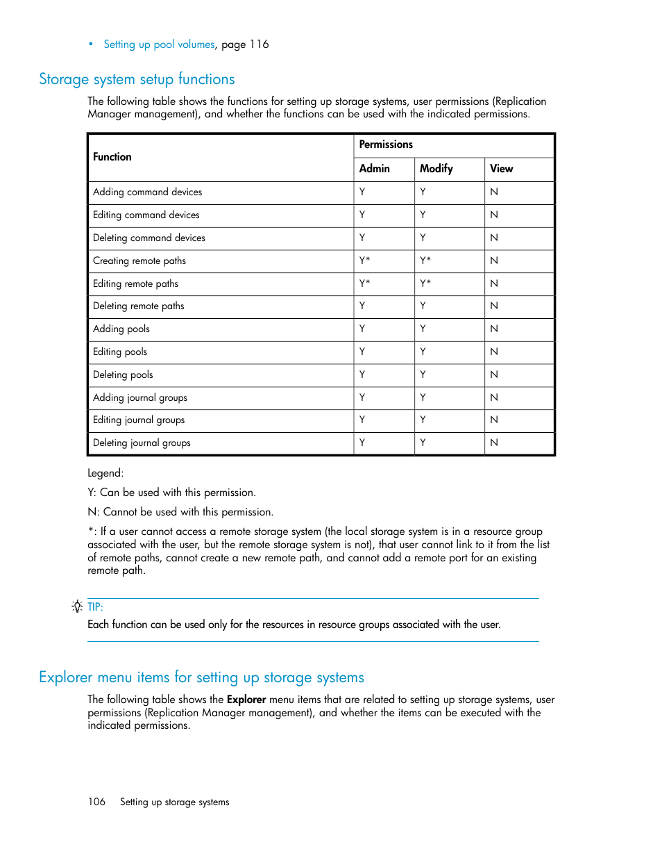 Storage system setup functions, Explorer menu items for setting up storage systems | HP XP P9000 Command View Advanced Edition Software User Manual | Page 106 / 470