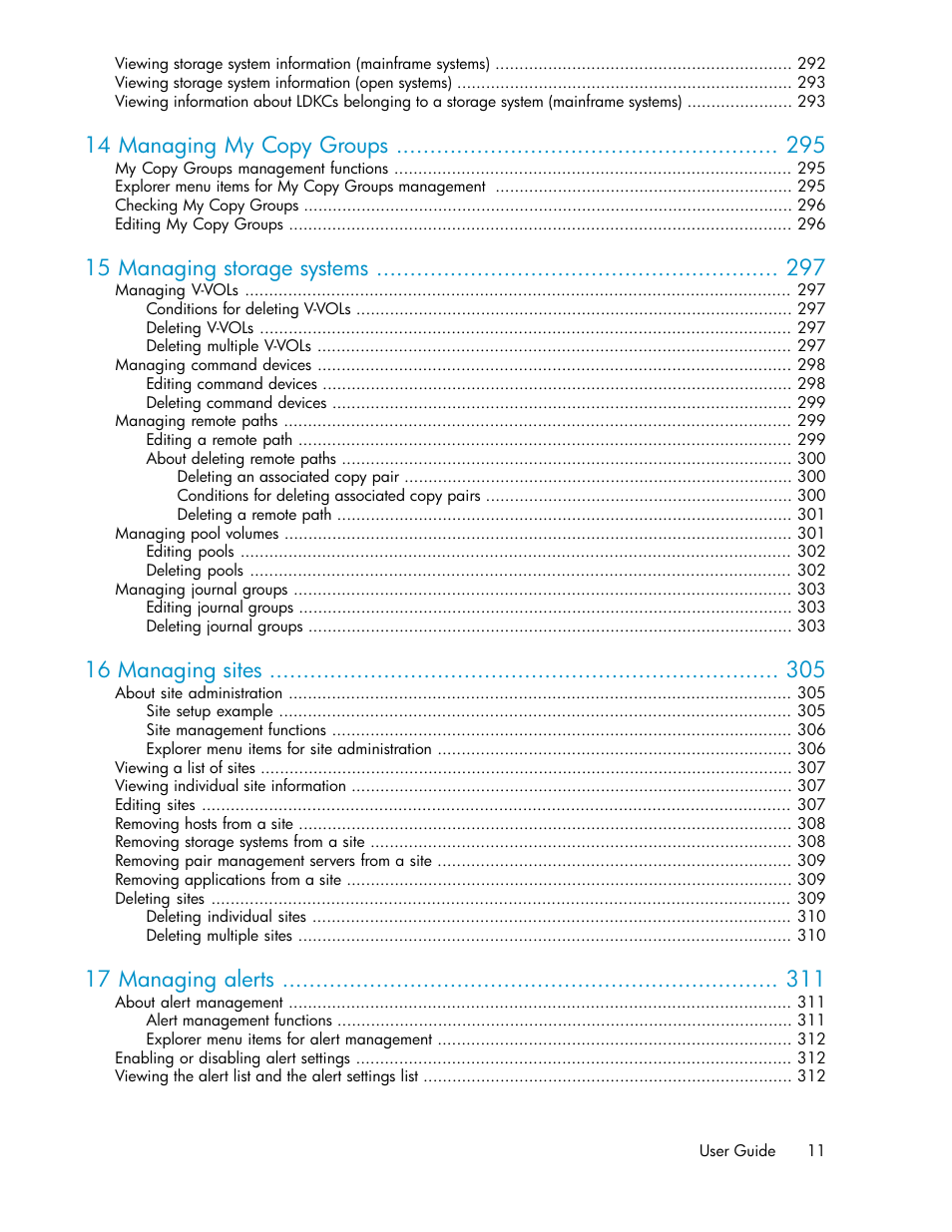 14 managing my copy groups, 15 managing storage systems, 16 managing sites | 17 managing alerts | HP XP P9000 Command View Advanced Edition Software User Manual | Page 11 / 470