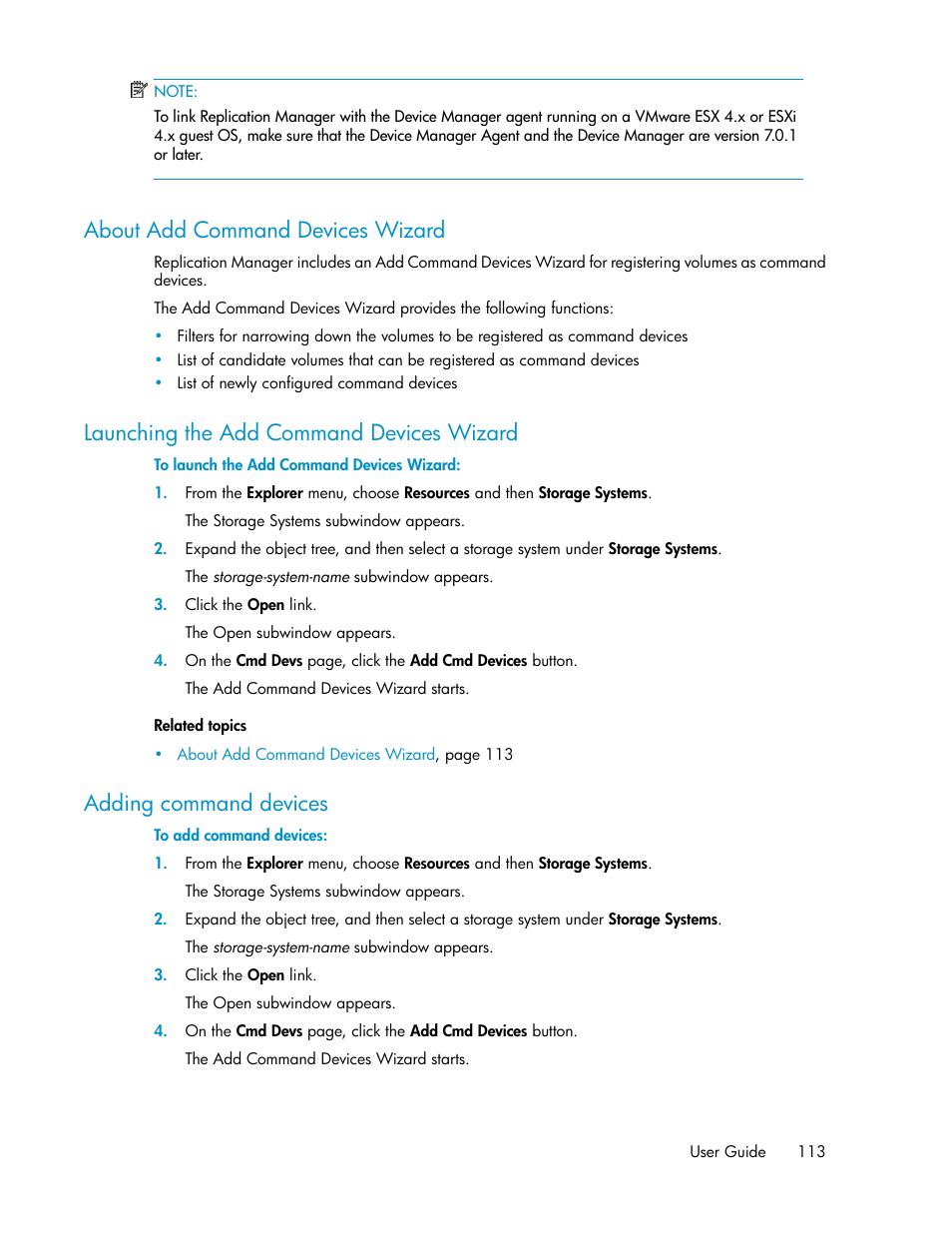 About add command devices wizard, Launching the add command devices wizard, Adding command devices | 113 launching the add command devices wizard, 113 adding command devices | HP XP P9000 Command View Advanced Edition Software User Manual | Page 113 / 470