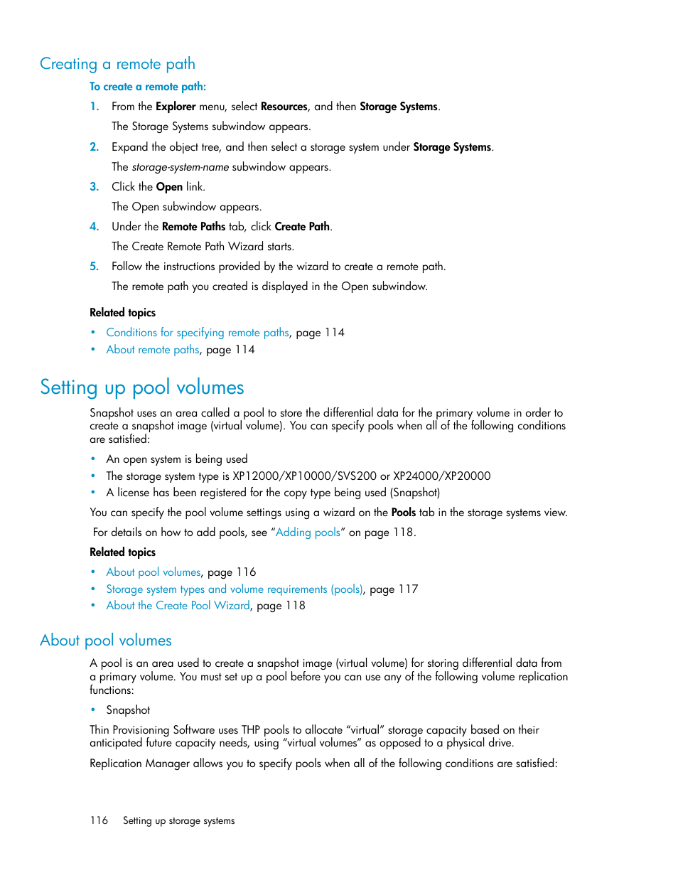 Creating a remote path, Setting up pool volumes, About pool volumes | HP XP P9000 Command View Advanced Edition Software User Manual | Page 116 / 470