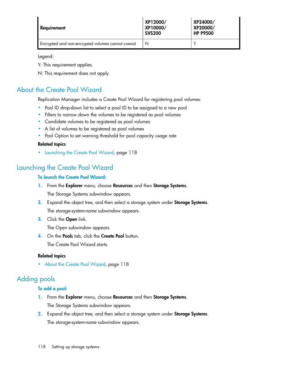 About the create pool wizard, Launching the create pool wizard, Adding pools | 118 launching the create pool wizard, 118 adding pools | HP XP P9000 Command View Advanced Edition Software User Manual | Page 118 / 470