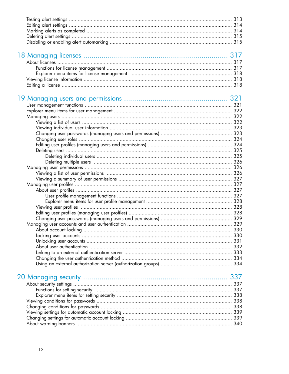 18 managing licenses, 19 managing users and permissions, 20 managing security | HP XP P9000 Command View Advanced Edition Software User Manual | Page 12 / 470