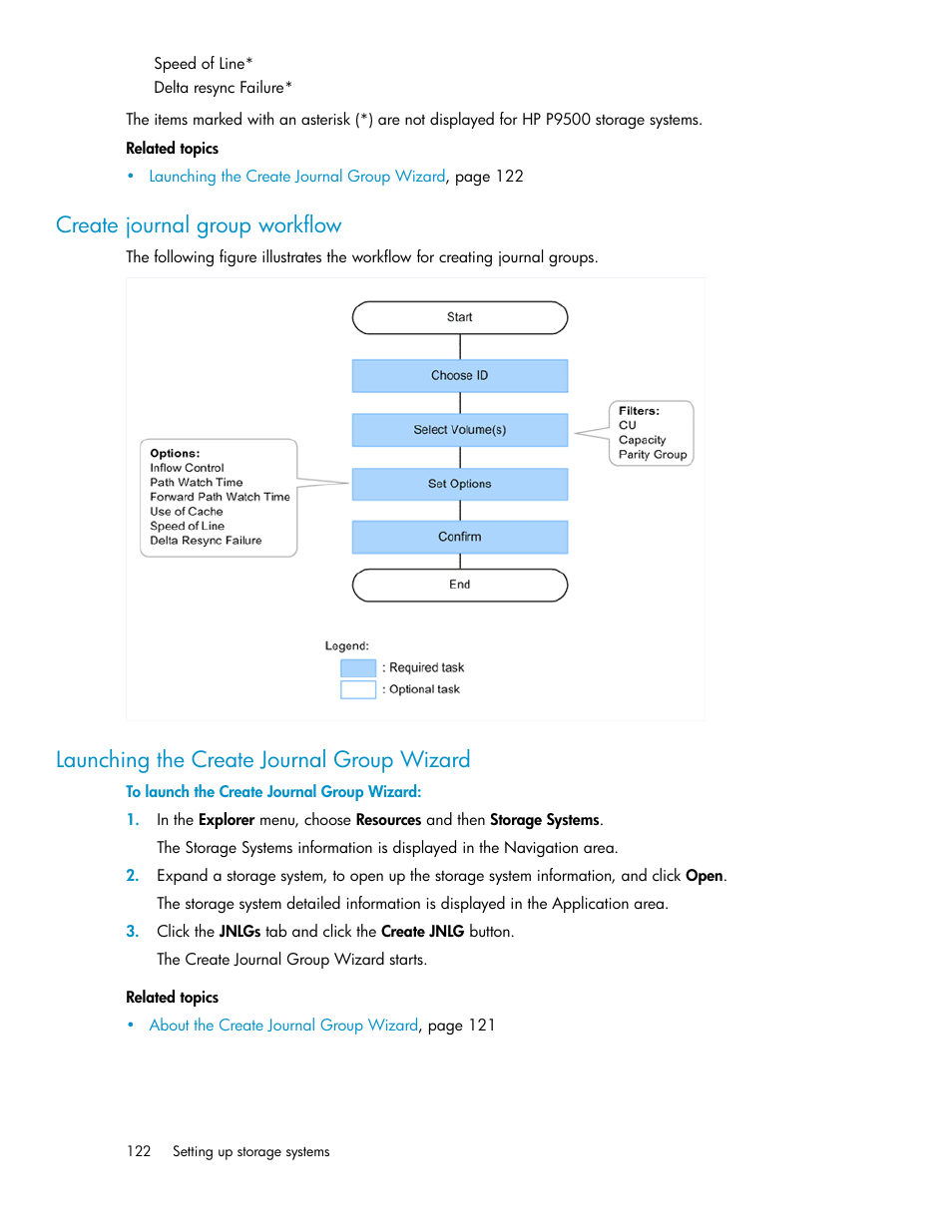 Create journal group workflow, Launching the create journal group wizard, 122 launching the create journal group wizard | HP XP P9000 Command View Advanced Edition Software User Manual | Page 122 / 470