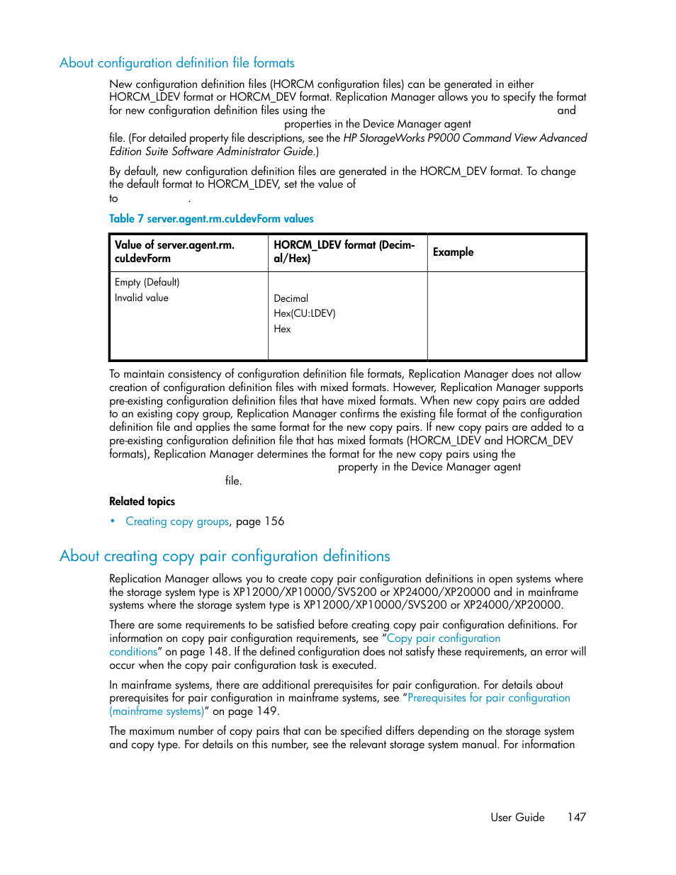 About configuration definition file formats, About creating copy pair configuration definitions, Server.agent.rm.culdevform values | HP XP P9000 Command View Advanced Edition Software User Manual | Page 147 / 470