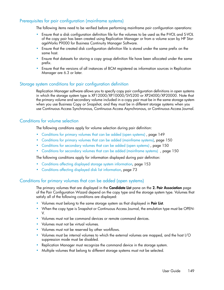 Conditions for volume selection, 149 conditions for volume selection, Prerequisites for pair | Configuration (mainframe systems), Prerequisites for pair configuration, Mainframe systems) | HP XP P9000 Command View Advanced Edition Software User Manual | Page 149 / 470