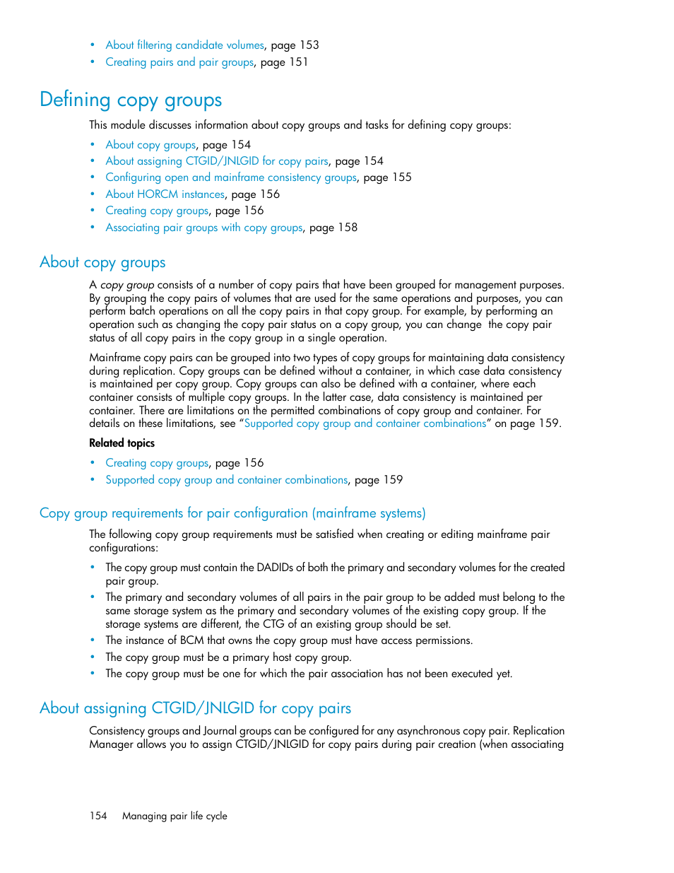 Defining copy groups, About copy groups, About assigning ctgid/jnlgid for copy pairs | HP XP P9000 Command View Advanced Edition Software User Manual | Page 154 / 470