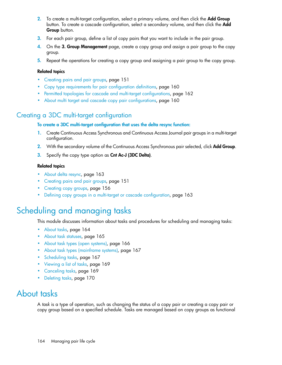 Creating a 3dc multi-target configuration, Scheduling and managing tasks, About tasks | 164 about tasks | HP XP P9000 Command View Advanced Edition Software User Manual | Page 164 / 470