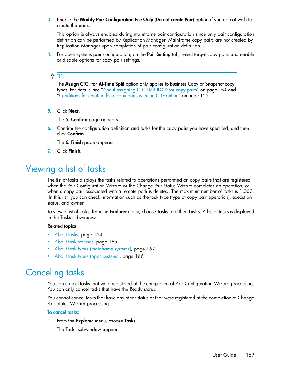 Viewing a list of tasks, Canceling tasks, 169 canceling tasks | HP XP P9000 Command View Advanced Edition Software User Manual | Page 169 / 470