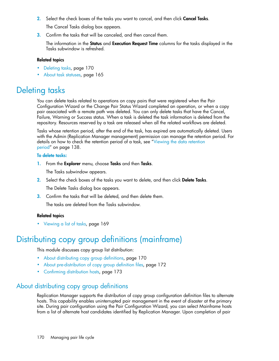 Deleting tasks, Distributing copy group definitions (mainframe), About distributing copy group definitions | HP XP P9000 Command View Advanced Edition Software User Manual | Page 170 / 470