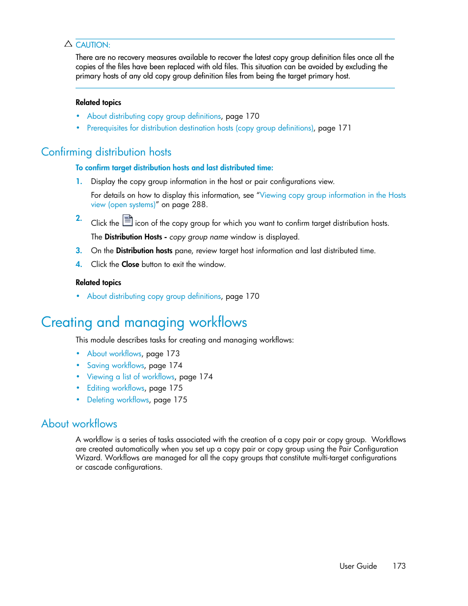 Confirming distribution hosts, Creating and managing workflows, About workflows | HP XP P9000 Command View Advanced Edition Software User Manual | Page 173 / 470