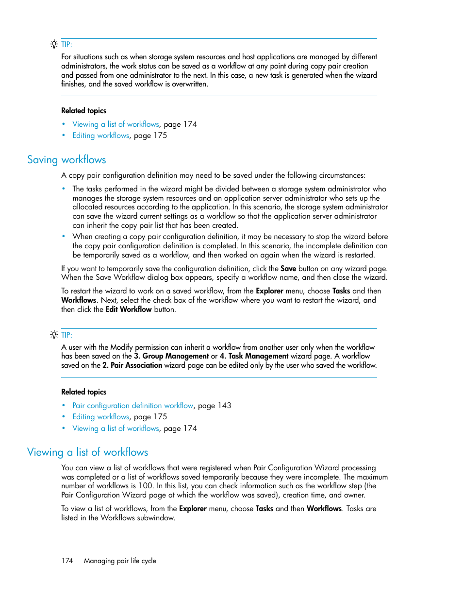 Saving workflows, Viewing a list of workflows, 174 viewing a list of workflows | Saving, Workflows | HP XP P9000 Command View Advanced Edition Software User Manual | Page 174 / 470