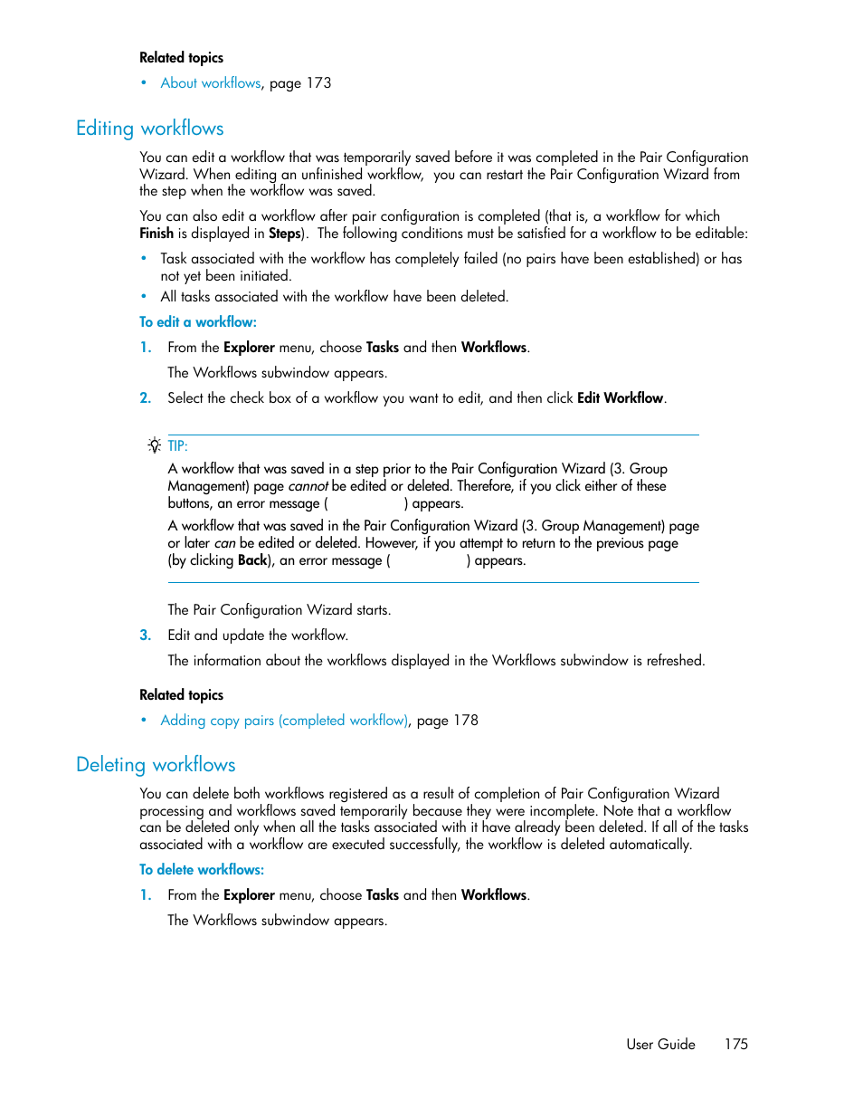 Editing workflows, Deleting workflows, 175 deleting workflows | HP XP P9000 Command View Advanced Edition Software User Manual | Page 175 / 470