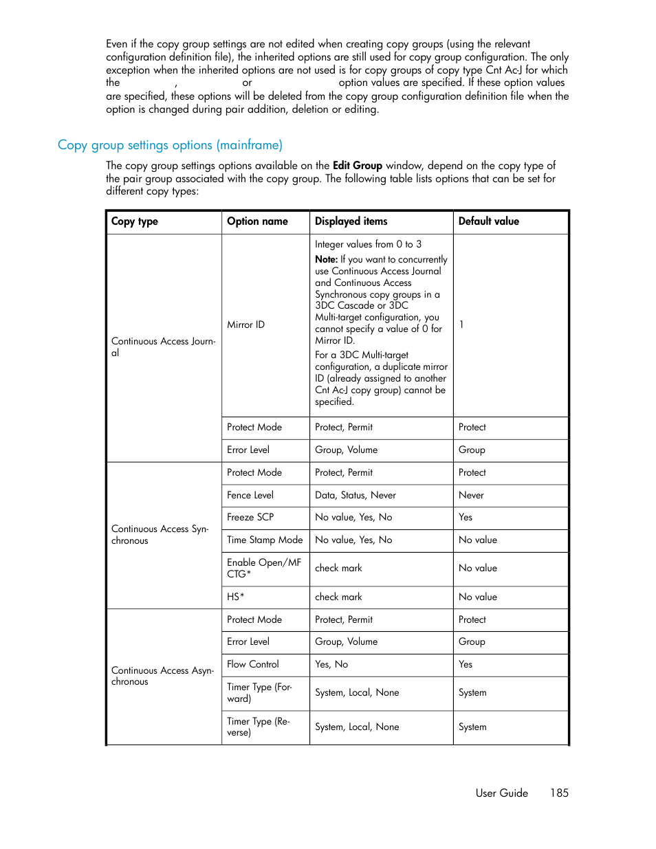 Copy group settings options (mainframe) | HP XP P9000 Command View Advanced Edition Software User Manual | Page 185 / 470