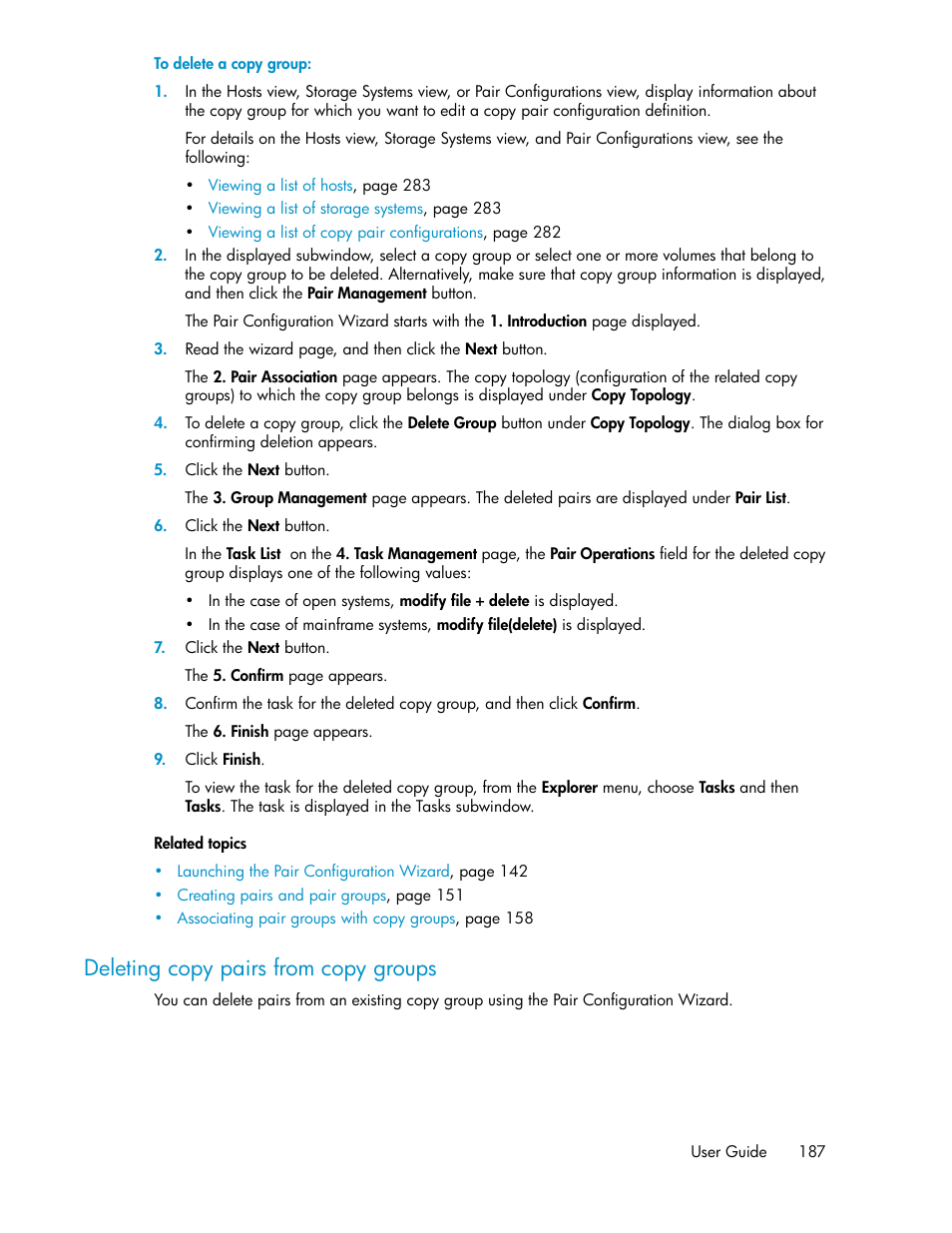 Deleting copy pairs from copy groups | HP XP P9000 Command View Advanced Edition Software User Manual | Page 187 / 470