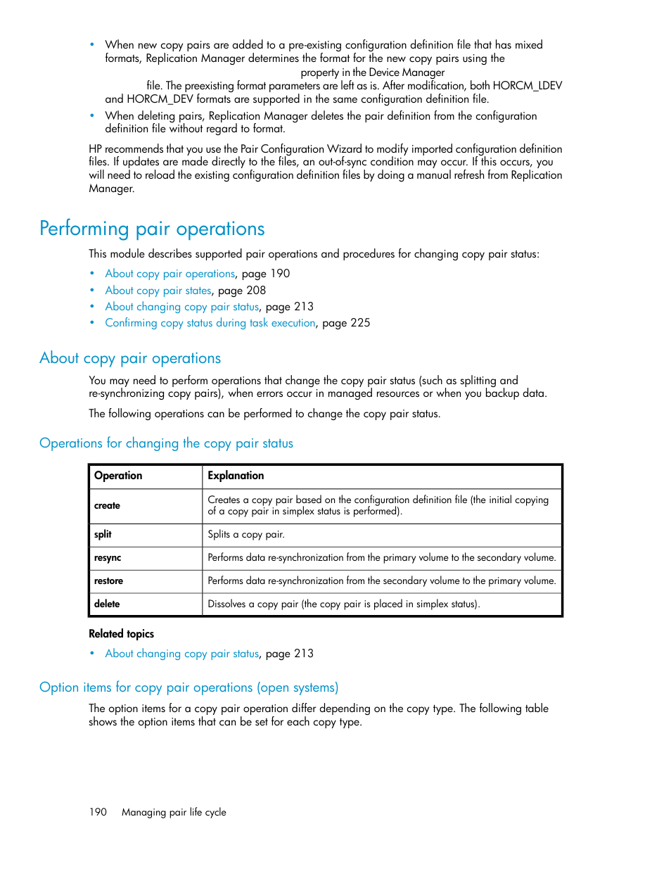 Performing pair operations, About copy pair operations | HP XP P9000 Command View Advanced Edition Software User Manual | Page 190 / 470