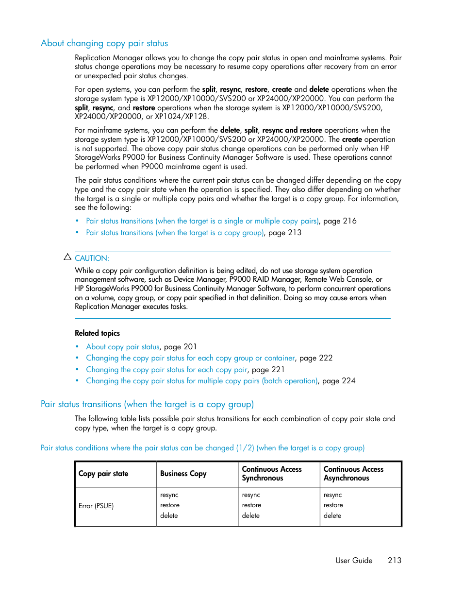 About changing copy pair status | HP XP P9000 Command View Advanced Edition Software User Manual | Page 213 / 470