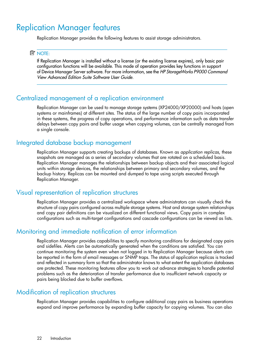 Replication manager features, Integrated database backup management, Visual representation of replication structures | Modification of replication structures | HP XP P9000 Command View Advanced Edition Software User Manual | Page 22 / 470