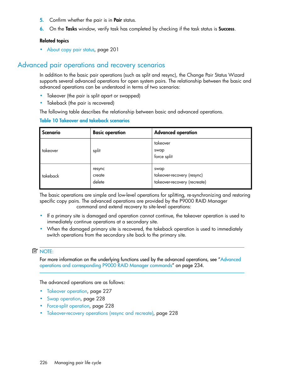 Advanced pair operations and recovery scenarios, Takeover and takeback scenarios, Advanced | Pair operations and recovery scenarios | HP XP P9000 Command View Advanced Edition Software User Manual | Page 226 / 470