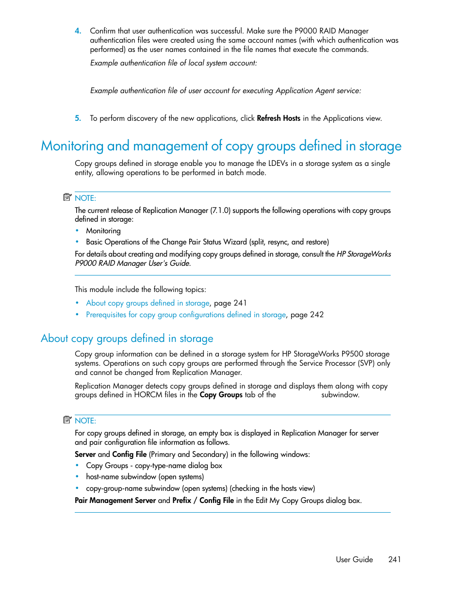 About copy groups defined in storage | HP XP P9000 Command View Advanced Edition Software User Manual | Page 241 / 470