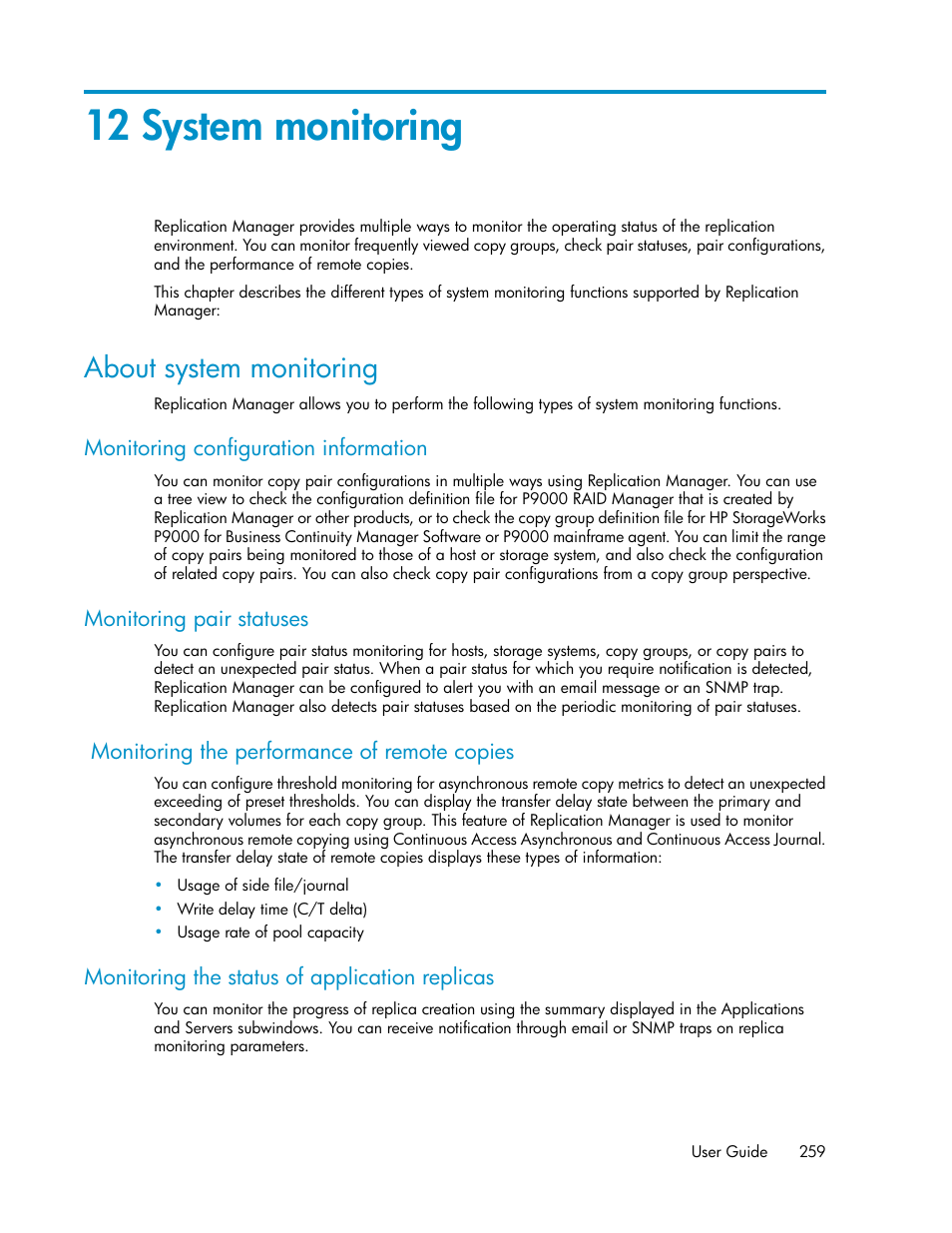 12 system monitoring, About system monitoring, Chapter 12 | HP XP P9000 Command View Advanced Edition Software User Manual | Page 259 / 470