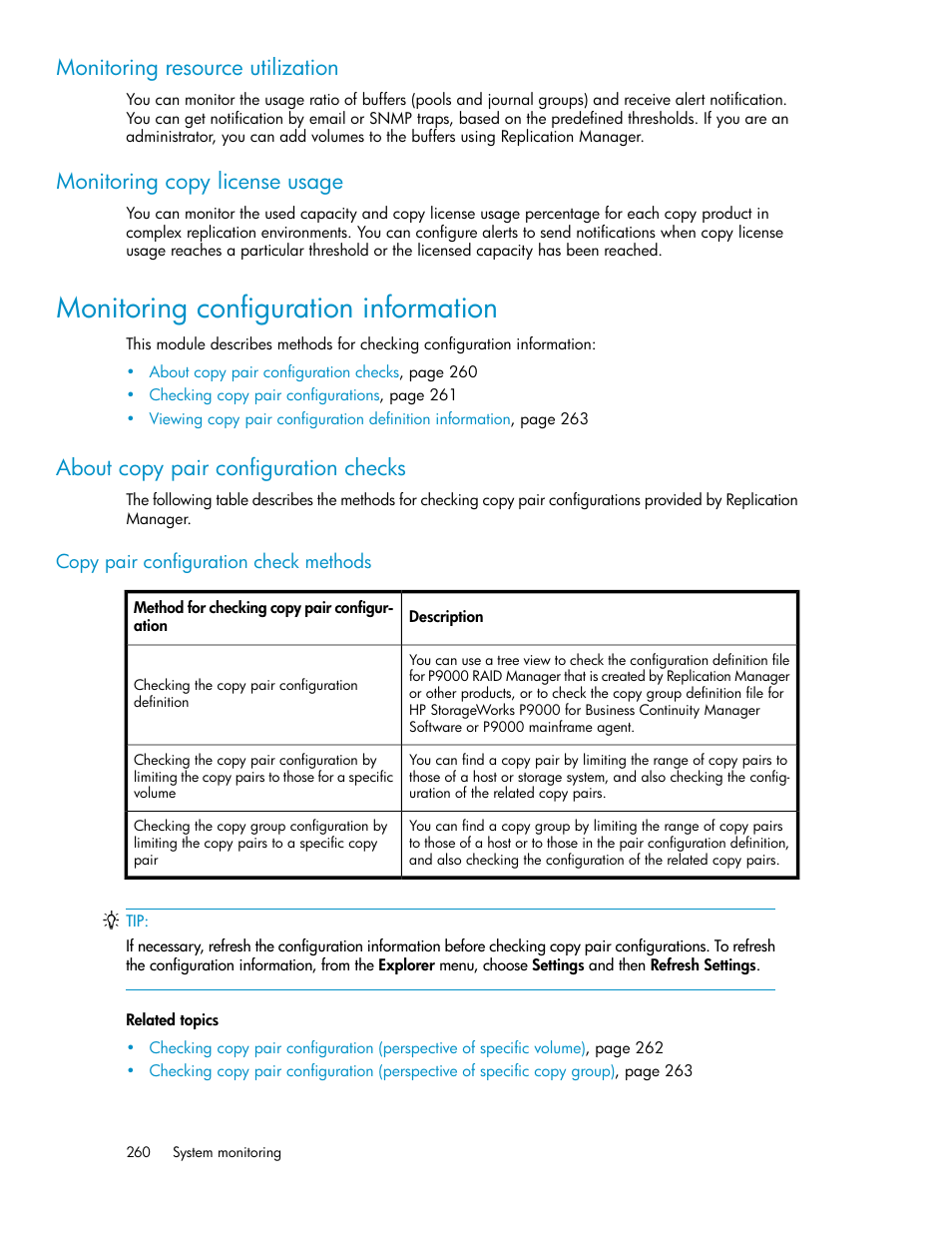Monitoring configuration information, About copy pair configuration checks, Monitoring resource utilization | Monitoring copy license usage | HP XP P9000 Command View Advanced Edition Software User Manual | Page 260 / 470