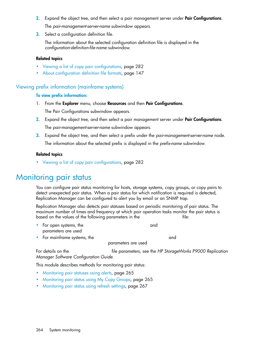 Viewing prefix information (mainframe systems), Monitoring pair status | HP XP P9000 Command View Advanced Edition Software User Manual | Page 264 / 470