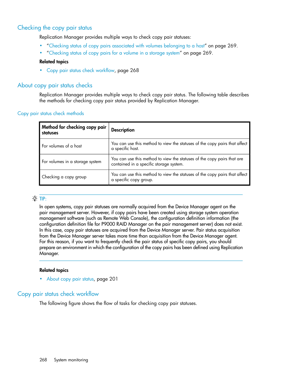 Checking the copy pair status, About copy pair status checks, Copy pair status check workflow | 268 about copy pair status checks, 268 copy pair status check workflow | HP XP P9000 Command View Advanced Edition Software User Manual | Page 268 / 470