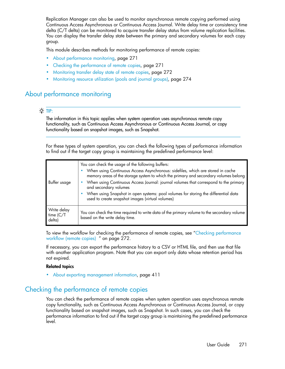 About performance monitoring, Checking the performance of remote copies, 271 checking the performance of remote copies | HP XP P9000 Command View Advanced Edition Software User Manual | Page 271 / 470