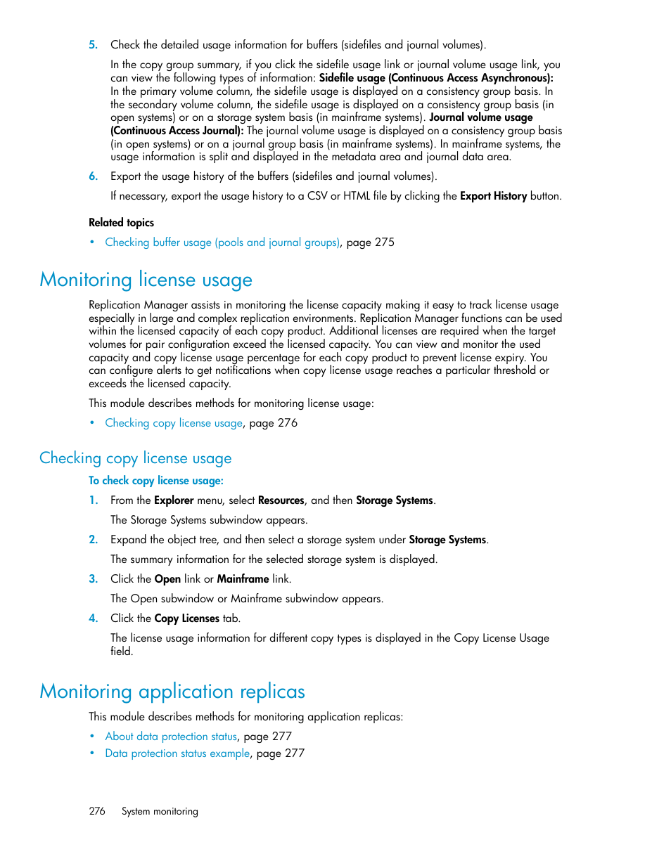 Monitoring license usage, Checking copy license usage, Monitoring application replicas | HP XP P9000 Command View Advanced Edition Software User Manual | Page 276 / 470