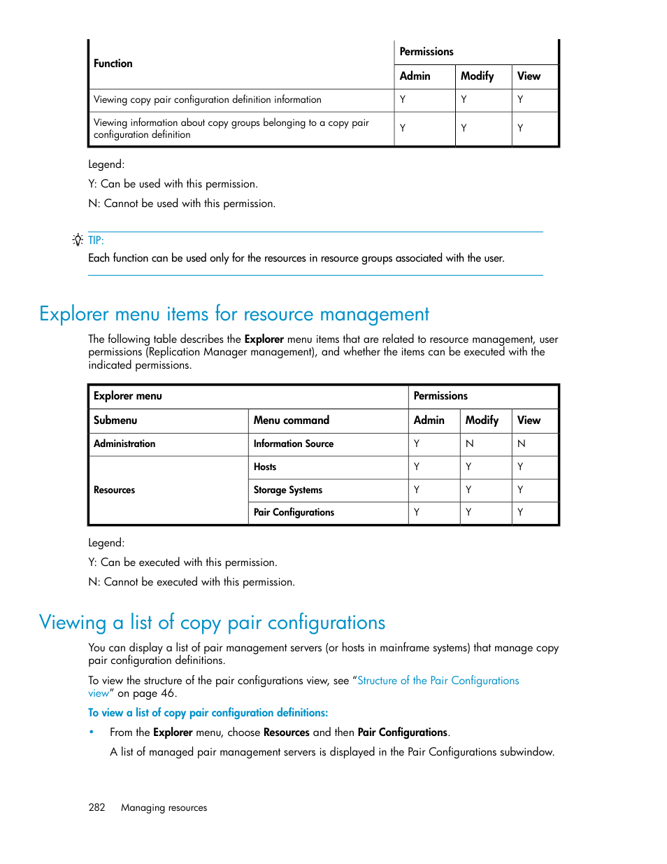 Explorer menu items for resource management, Viewing a list of copy pair configurations, 282 viewing a list of copy pair configurations | HP XP P9000 Command View Advanced Edition Software User Manual | Page 282 / 470