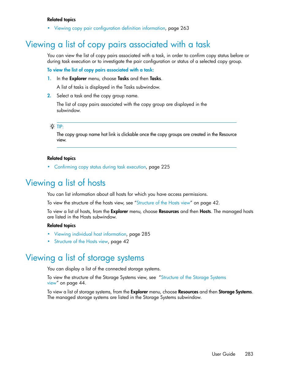 Viewing a list of hosts, Viewing a list of storage systems, 283 viewing a list of hosts | 283 viewing a list of storage systems | HP XP P9000 Command View Advanced Edition Software User Manual | Page 283 / 470