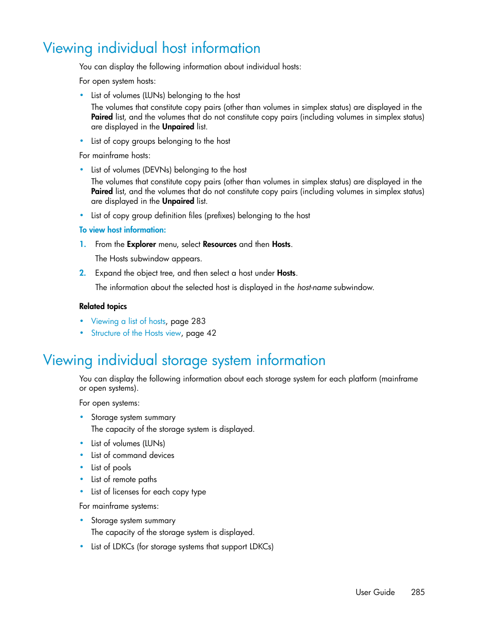 Viewing individual host information, Viewing individual storage system information, 285 viewing individual storage system information | Viewing individual host, Information | HP XP P9000 Command View Advanced Edition Software User Manual | Page 285 / 470