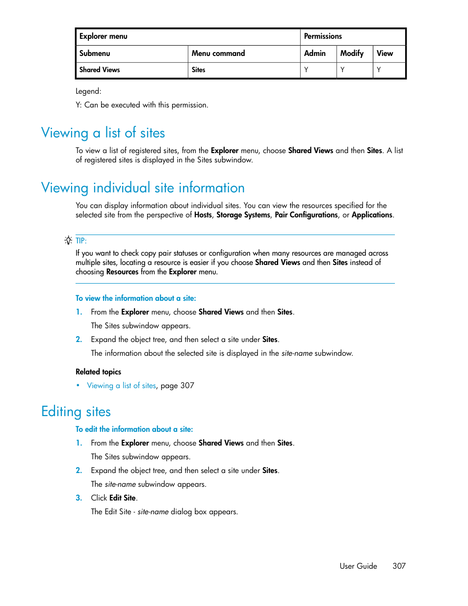 Viewing a list of sites, Viewing individual site information, Editing sites | 307 viewing individual site information, 307 editing sites | HP XP P9000 Command View Advanced Edition Software User Manual | Page 307 / 470