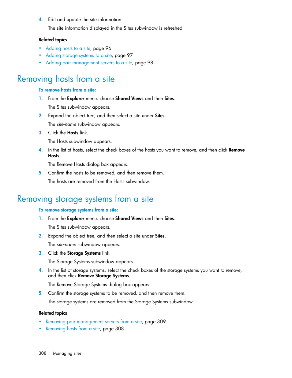 Removing hosts from a site, Removing storage systems from a site, 308 removing storage systems from a site | HP XP P9000 Command View Advanced Edition Software User Manual | Page 308 / 470