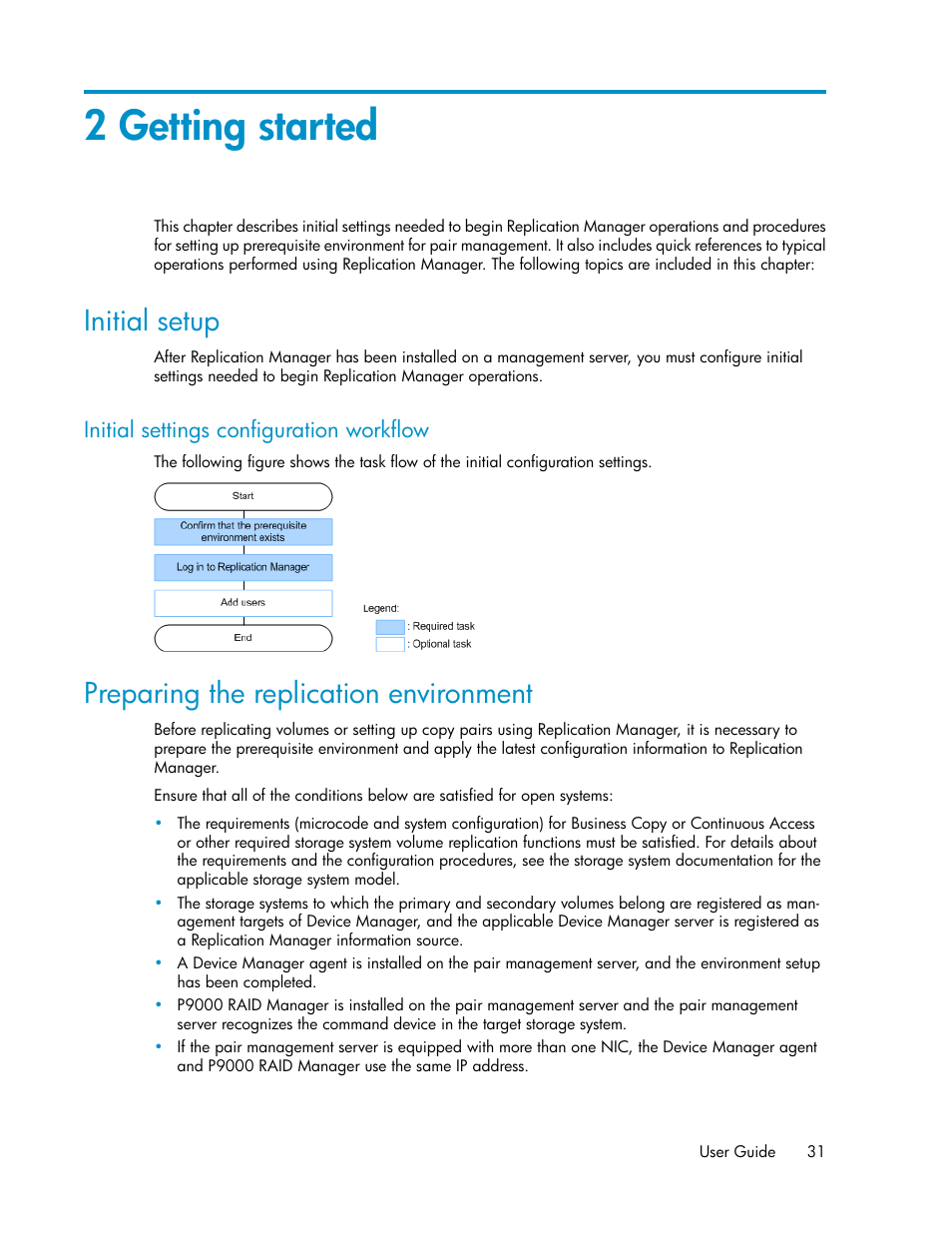 2 getting started, Initial setup, Initial settings configuration workflow | Preparing the replication environment | HP XP P9000 Command View Advanced Edition Software User Manual | Page 31 / 470