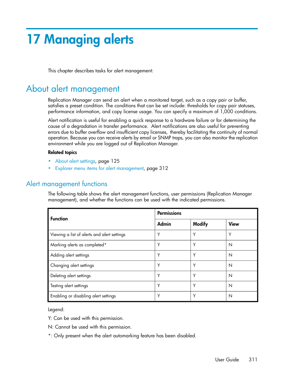 17 managing alerts, About alert management, Alert management functions | About alert, Management | HP XP P9000 Command View Advanced Edition Software User Manual | Page 311 / 470