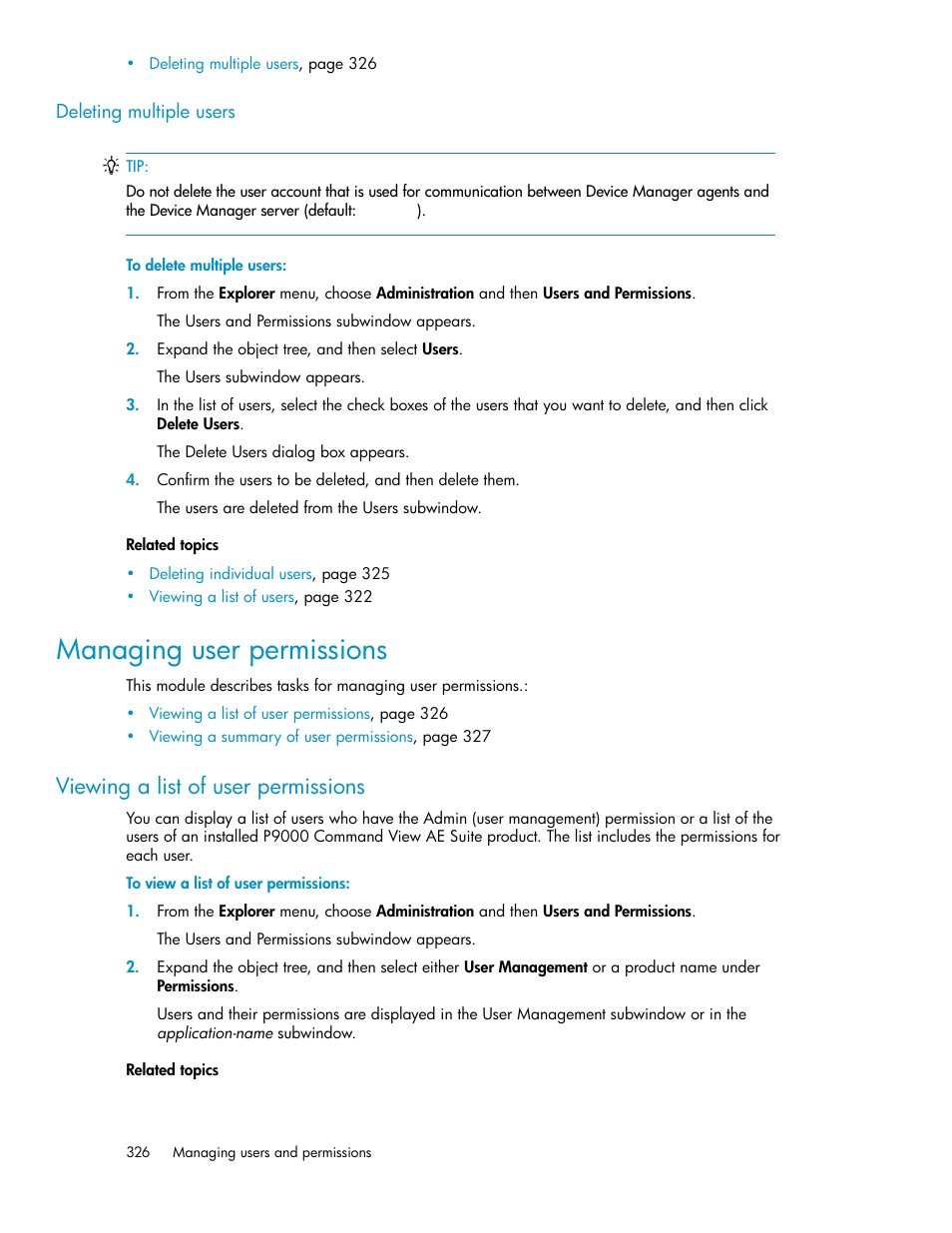 Deleting multiple users, Managing user permissions, Viewing a list of user permissions | HP XP P9000 Command View Advanced Edition Software User Manual | Page 326 / 470