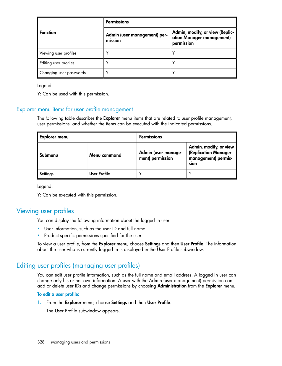 Explorer menu items for user profile management, Viewing user profiles, Editing user profiles (managing user profiles) | 328 editing user profiles (managing user profiles) | HP XP P9000 Command View Advanced Edition Software User Manual | Page 328 / 470