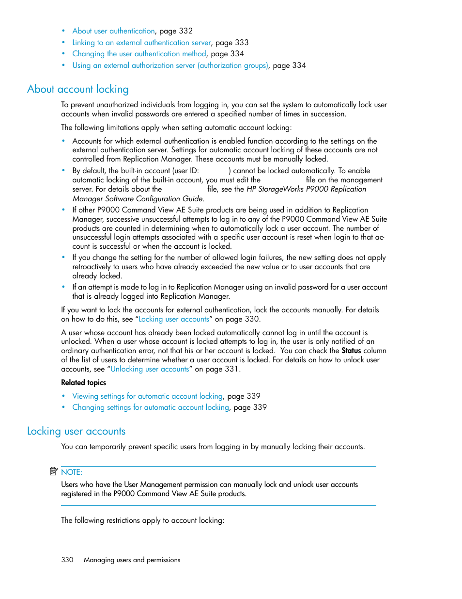 About account locking, Locking user accounts, 330 locking user accounts | HP XP P9000 Command View Advanced Edition Software User Manual | Page 330 / 470