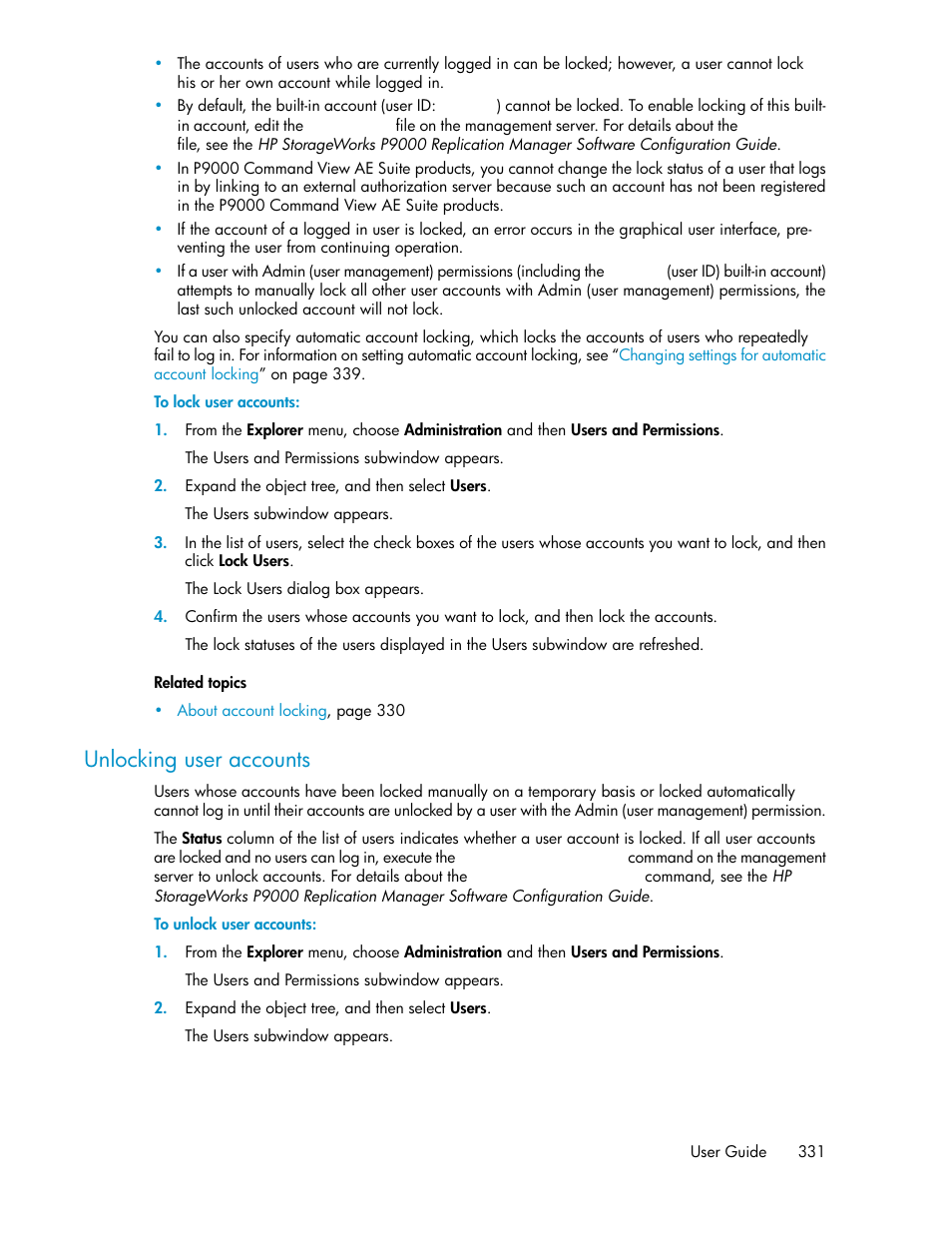 Unlocking user accounts | HP XP P9000 Command View Advanced Edition Software User Manual | Page 331 / 470