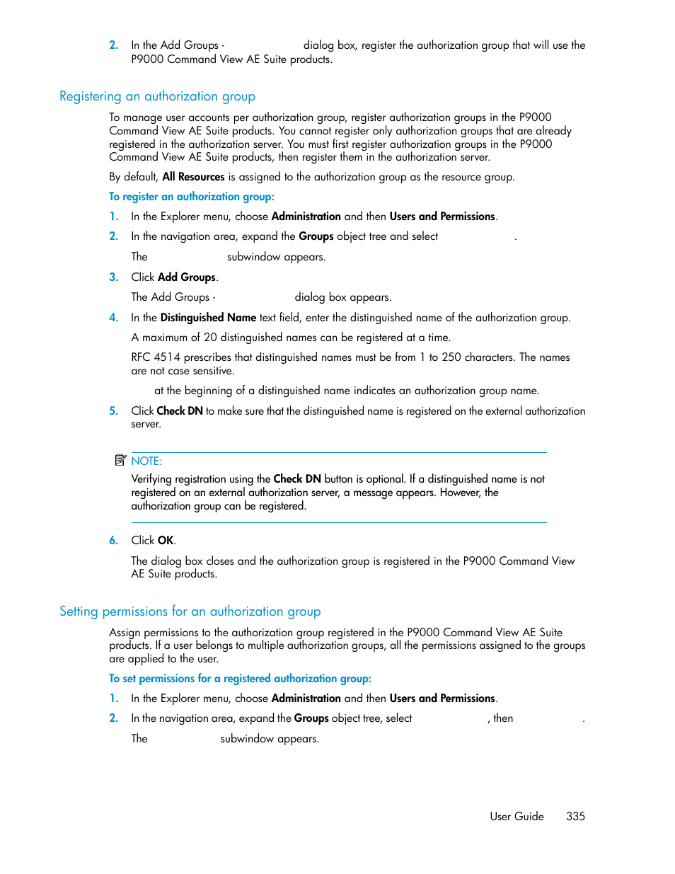 Registering an authorization group, Setting permissions for an authorization group | HP XP P9000 Command View Advanced Edition Software User Manual | Page 335 / 470