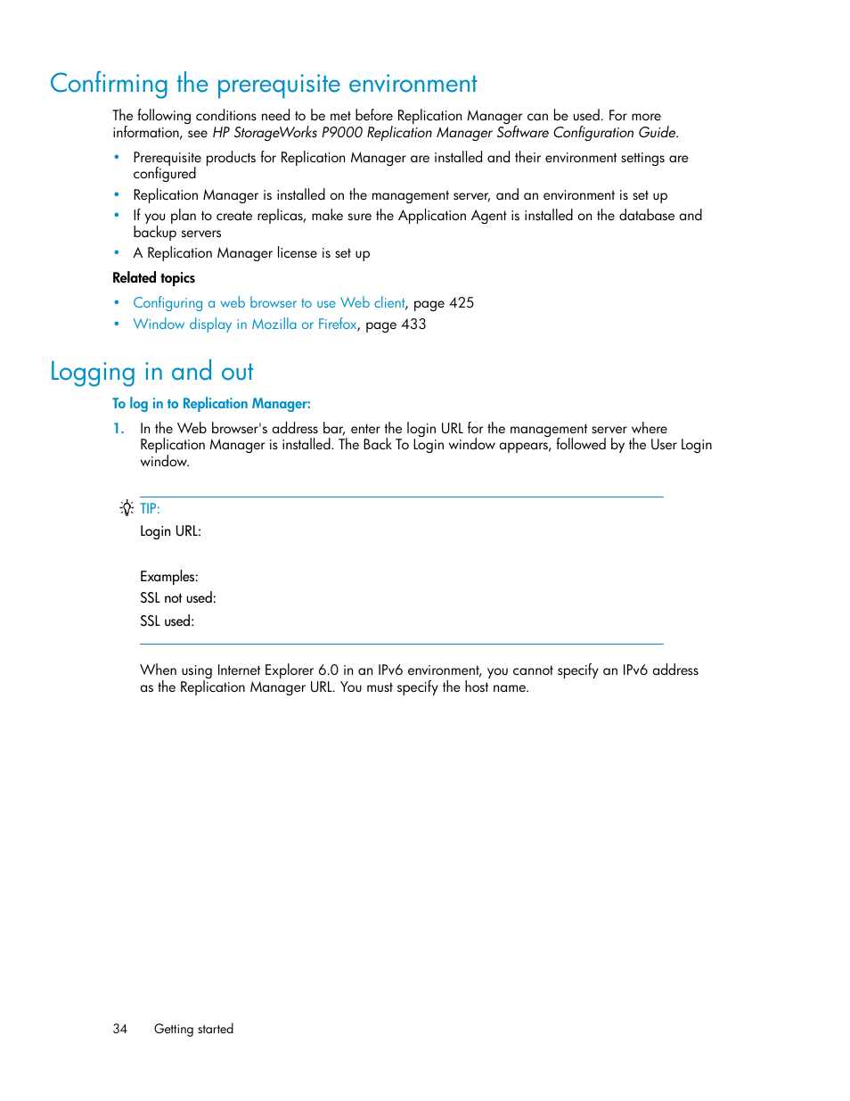 Confirming the prerequisite environment, Logging in and out, 34 logging in and out | HP XP P9000 Command View Advanced Edition Software User Manual | Page 34 / 470