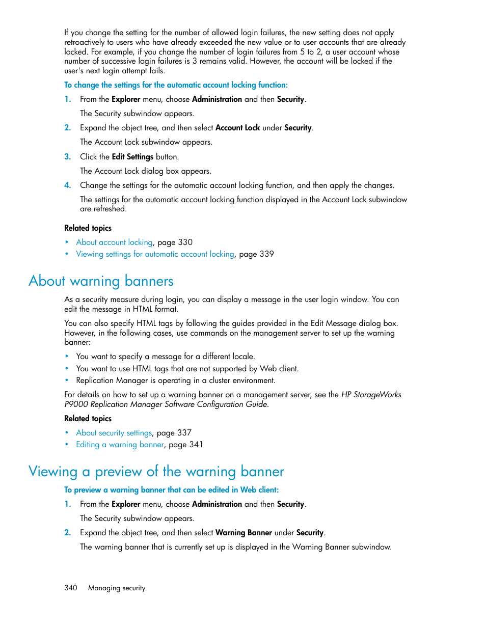 About warning banners, Viewing a preview of the warning banner | HP XP P9000 Command View Advanced Edition Software User Manual | Page 340 / 470