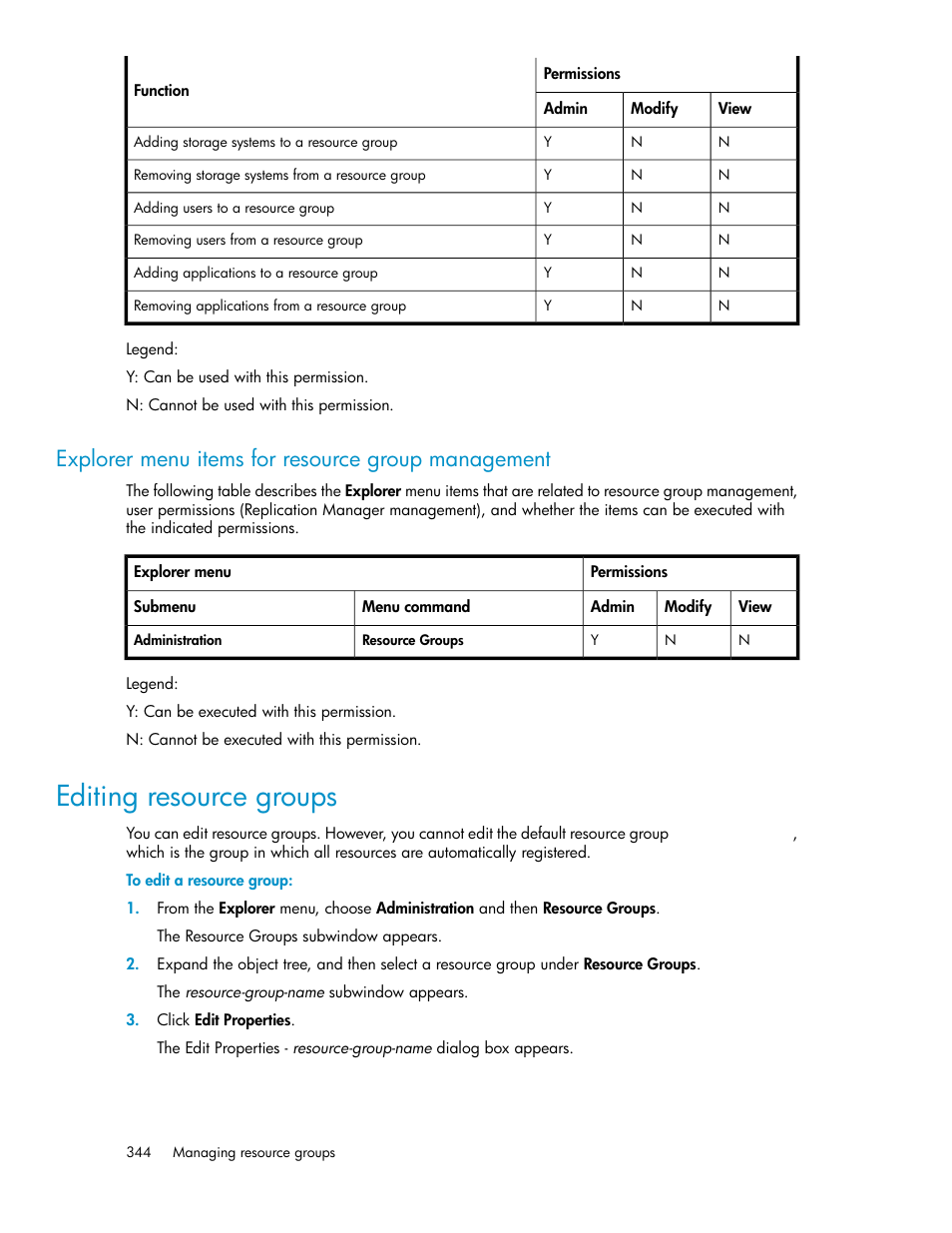 Explorer menu items for resource group management, Editing resource groups | HP XP P9000 Command View Advanced Edition Software User Manual | Page 344 / 470